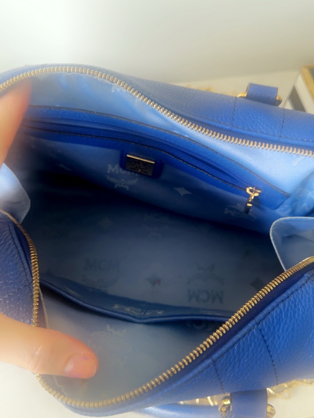 MCM Royal Blue Leather Bowling Bag with Gold Hardware - Picture 5 of 10